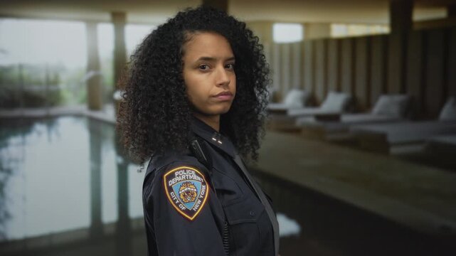 Woman police officer in uniform stands indoors by a spa pool, reflecting professionalism and focus, representing law enforcement presence in an unexpected, serene setting.