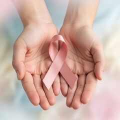 Close-up of hands gently holding a pink ribbon on soft pastel background, symbolizing cancer awareness