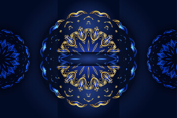 Blue and gold mandala art with large central design and harmonious symmetrical smaller motifs for decorative and spiritual purposes