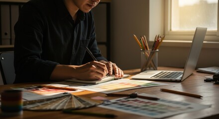 Close-up of Artist’s Hands Working with Color Swatches and Laptop in Studio Lighting