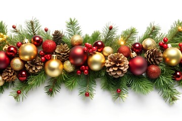 Festive christmas border with red and gold ornaments, pine cones, and evergreen branches isolated on white background, perfect for holiday season decoration