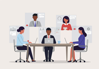 Diverse group of professional colleagues in a video conference call, a strategic team builder leading a remote meeting for business collaboration.