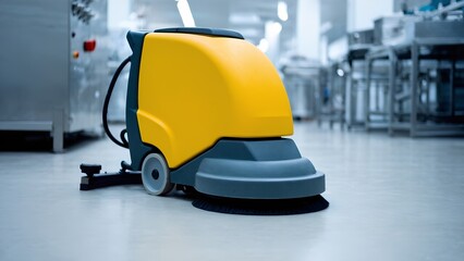 Industrial cleaning action commercial facility equipment focus modern environment ground-level view efficiency concept