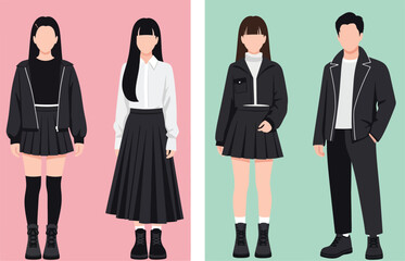 Obraz premium Fashion illustration showcasing stylish minimalist outfits for young adults, featuring black jackets, skirts, and boots.