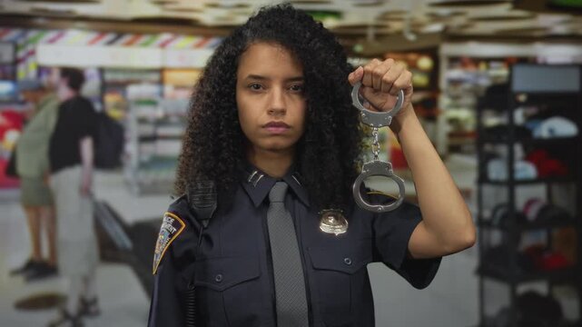Young woman police officer in uniform holds handcuffs and beckons with finger in store building; authority.