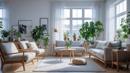 Scandinavian Living Room with Natural Light and Indoor Plants