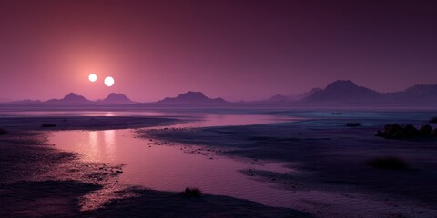 Fototapeta premium Purple-sand world under a surreal tri-sun atmosphere