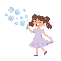 A joyful little girl in a lavender dress blows shimmering soap bubbles, radiating happiness.