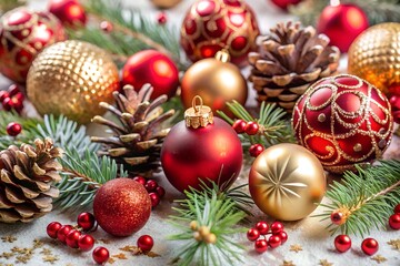 Festive christmas arrangement with red and golden ornaments, pine cones and fir branches creating a bright and elegant holiday season decoration
