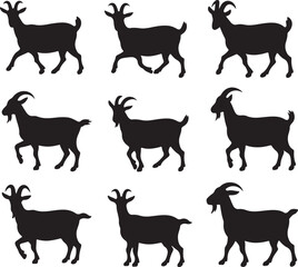 Nine Black Silhouette Goats in Various Poses on White Background animal farm