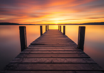 Fototapeta premium Lakeshore with wooden dock at beautiful sunrise over calm water