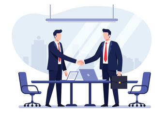 Two successful businessmen shaking hands, a partnership builder making a deal in a modern office with a city view illustration.
