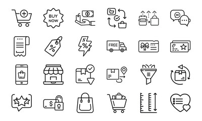 24 E-Commerce and Online Shopping Line Icons Cart, Payment, Delivery, Discount, Customer Service, Order Tracking, Return, and Loyalty Program Vector Icon Set