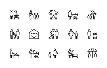 Family related vector linear icons set. Isolated icon collection such as child, baby, person, parents, mother, father, children, newborn, heart and more.