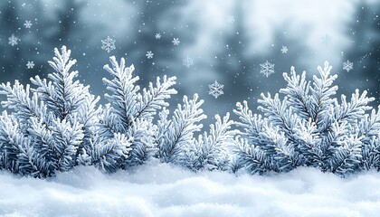 Frosty winter scene with snow-covered pine branches.