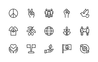 World related vector linear icons set. Isolated icon collection such as world, harmony, unity, global, coexistence, peace symbol, dove, heart, white flag, community and more.