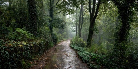 Obraz premium Quiet rainy countryside trail with dewy foliage and mist