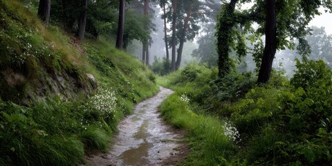 Fototapeta premium Quiet rainy countryside trail with dewy foliage and mist