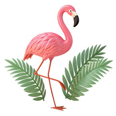 Fototapeta premium Pink flamingo standing among green tropical leaves isolated on transparent background