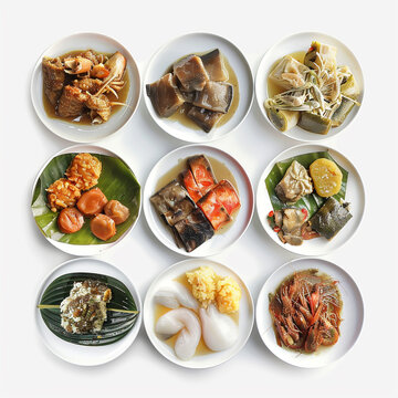 Assorted Papua New Guinean traditional foods mumu, saksak, taro, kaukau, seafood, cleanly presented on separate white saucers, minimal style, bright natural lighting, crisp detail.