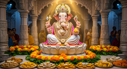 Fototapeta premium Lord Ganesha on Lotus with Marigold Offerings – Blessings and Prosperity