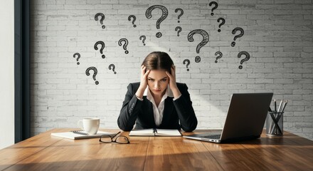 Stressed Businesswoman at Work with Confused Mind and Question Marks Background