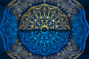 Blue and gold mandala with central intricate circle design surrounded by symmetrical smaller patterns on dark blue background