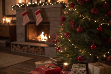 Cozy christmas scene with a decorated tree, gifts, and a warm fireplace in a rustic home interior, creating a festive and elegant atmosphere