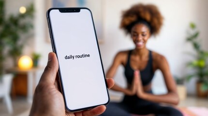 Smartphone with phrase daily routine and woman on the blurred background
