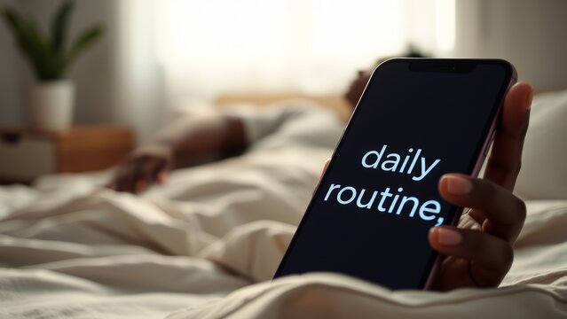 Smartphone with phrase daily routine and man on the blurred background - Powered by Adobe