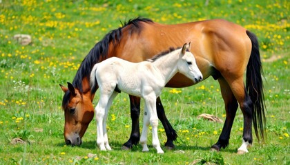 Nurturing moment mother horse and foal in blooming meadow nature photography serene landscape close-up view