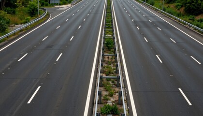 Empty highway stretch urban area aerial view greenery alongside serene and isolated landscape
