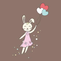 Cute bunny in pink dress holding heart balloons with pastel confetti for kids t-shirt design, nursery wall art, baby shower decoration and greeting cards
