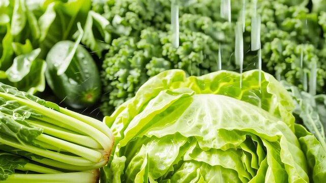 Assortment of Fresh Green Leafy Vegetables Including Kale Lettuce and Spinach for Healthy Eating and Salad Preparation