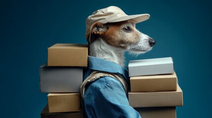 Dog delivery worker carrying packages for logistics service