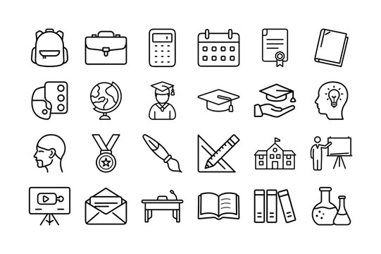 Education Outline Icon Set. Includes backpack, calculator, globe, graduation cap, school building, teacher, diploma, books, medal, and more. Perfect for learning, teaching, and academic designs. 
