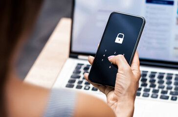 Protect data against online privacy fraud. Personal phone safety with password. Cyber scam on bank account digital information. AI cybersecurity in smartphone. Secure number lock code. Identity theft.