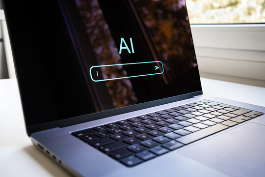 AI generate with prompt in laptop computer. Content, artificial text or search at home. Chatbot and digital virtual assistant model. Creative photo and image technology.