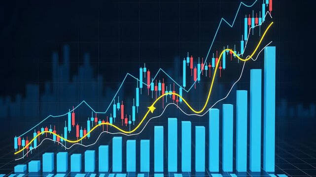 Business Growth Displayed by Blue Bar Graph with Candlestick Charts and Rising Lines on Dark Background with Grid Pattern