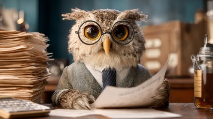 Owl accountant reviewing financial documents at desk