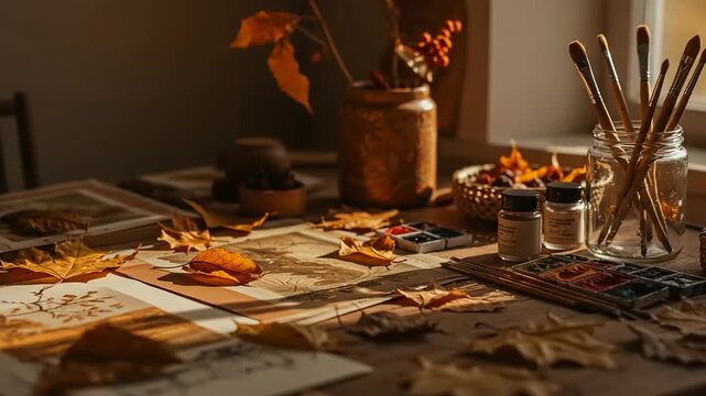 Autumnal 's workspace with fallen leaves and watercolor paints