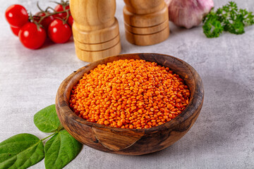 Raw dry red lentil in the bowl