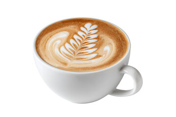 White coffee cup with latte art isolated on transparent background