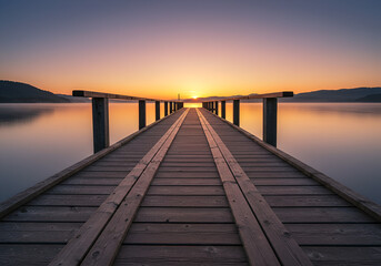 Obraz premium Pier Extending Into Lake at Sunrise with Calm Waters