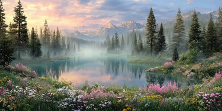 Peaceful wilderness scene with wildflowers, reflective lake, and sunrise mist over pine mountains photorealistic