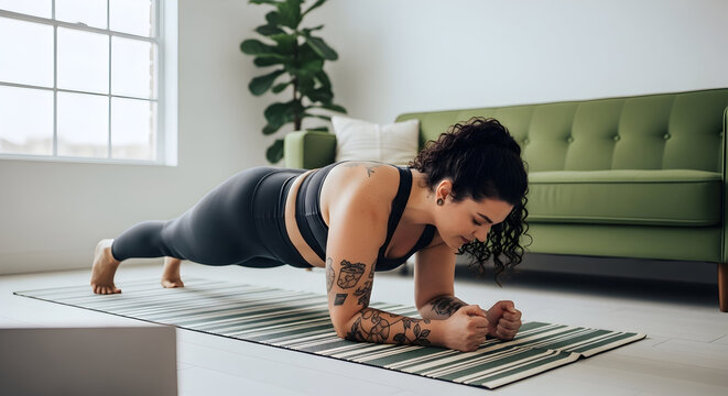 Woman doing forearm plank at home fitness exercise workout healthy lifestyle wellbeing strong body strength training home gym indoor - Powered by Adobe