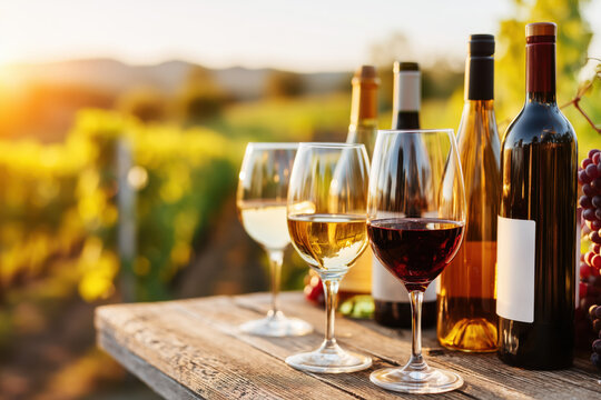 Wine tasting in vineyard at sunset with red, white and rosé wine bottles and glasses