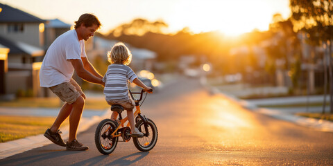 Father teaching son to ride bike at sunset in suburban street