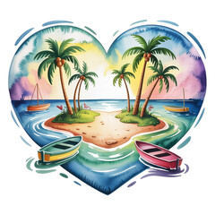 Fototapeta premium Heart shaped tropical island paradise scene on transparent background