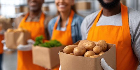 Volunteers holding potatoes and vegetables in food bank